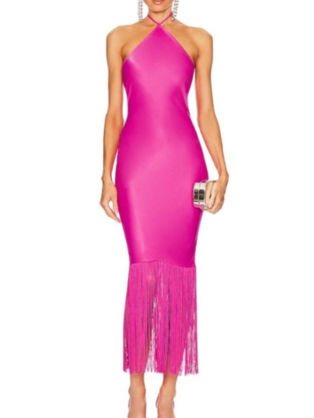 Camila Coelho Fuchsia Halter Midi Dress with Fringe